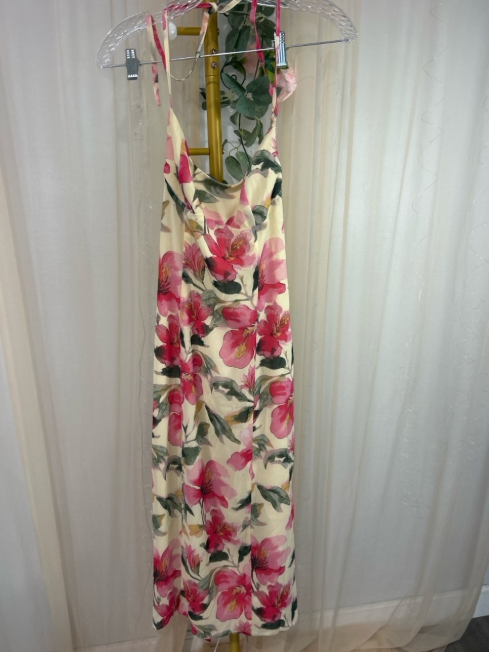 Lulus Floral Midi Dress Halter Open Back Pink Cream Spring Summer NWT - Picture 5 of 9